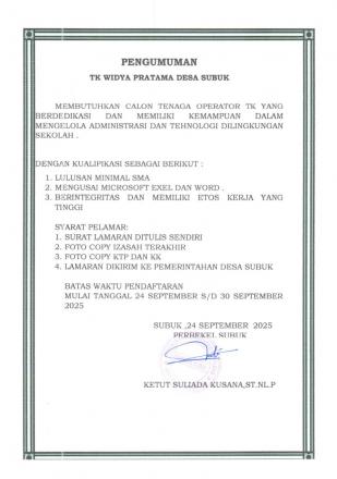 Penerimaan Calon Tenaga Operator TK Widya Pratama Desa Subuk
